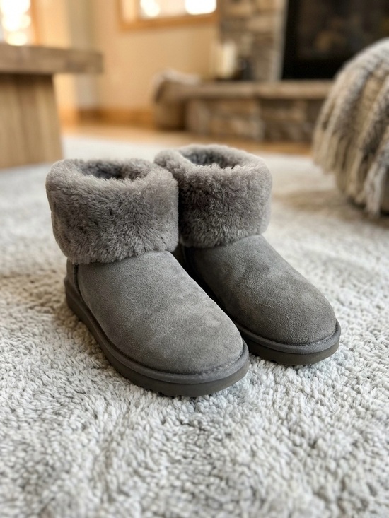 UGG Shoes - UGG Classic Mini Fluff Boots Charcoal Grey Suede Shearling Fur Ankle Boot Size 8